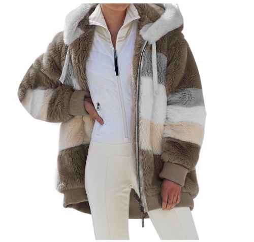 Jaqueta Feminina Com Capuz De Pelúcia Multicolorida Para Outono/Inverno