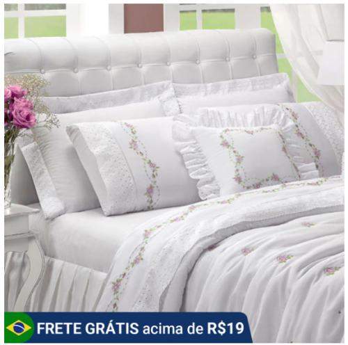 Kit Completo Cobre Leito + Jogo de Lençol Casal, Queen ou King 180 Fios 100% Algodão Bordado Bouquet