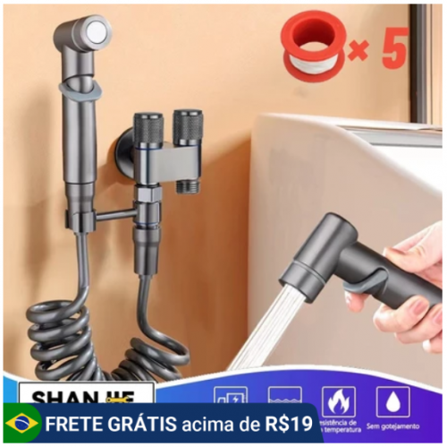 Kit Ducha Higiênica Com Registro em Aço Escovado 304 Válvula Dupla Saída 1/2 Para Banheiro Cozinha Área De Serviço Lavabo Preto Ou Prata Com Derivação 2 Saídas Independentes