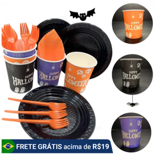 Kit Festa Halloween Completo Descartável 162 Itens Pratos Copos Guardanapos Garfinho Laranja Preto