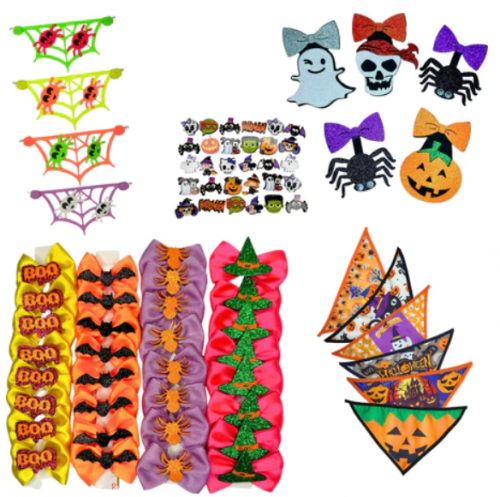 Kit 100 Laços Pet Halloween Dia Das Bruxas Gravata Bandana Gargantilha Aplique Adesivado