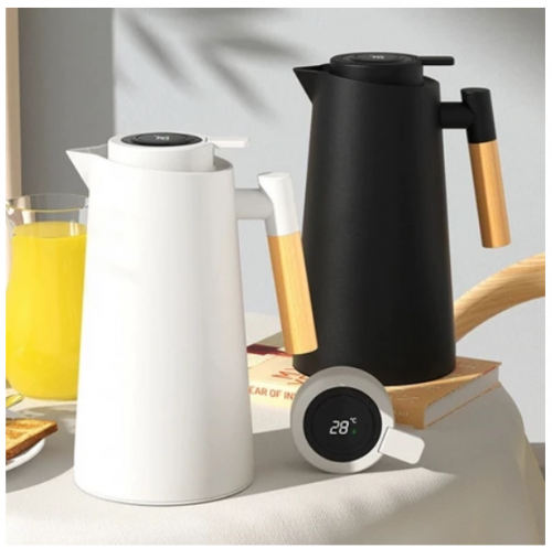 Garrafa Térmica Termômetro Digital 1L Café Chá Nórdica Com Cabo Madeira -MX20215