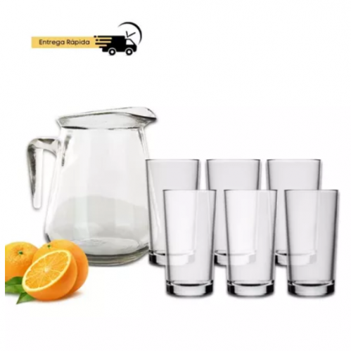 Jogo De Jarra 1L Com 6 Copos 225ml Em Vidro Kit Suco Água Drinks Para Restaurante Buffet Bar