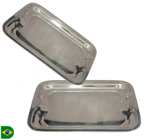 Bandeja Retangular Aço Inox Rasa Servir Café Chá 30cm