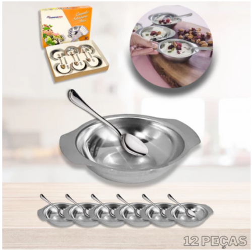 Conjunto De Sobremesa Inox 12 Peças Colher Colherzinhas Taças Tacinhas Tigelas Bowl