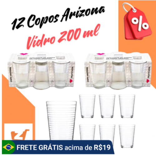 12 Copos de Vidro 200ml Arizona Transparente Cozinha Agua Suco Refrigerante Restaurante Pousada Top
