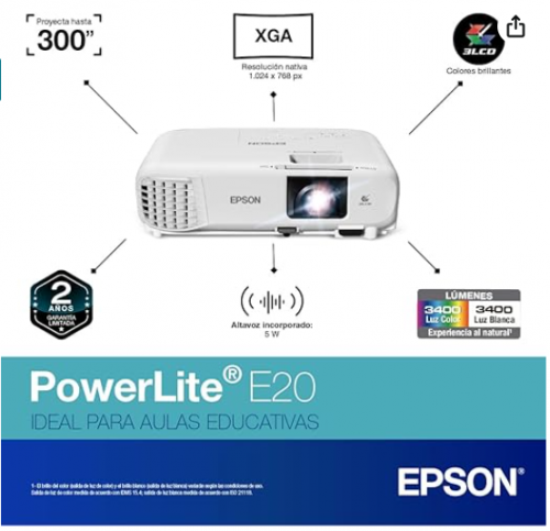 EPSON Projetor Powerlite E20, 3400 Lúmens, XGA, HDMI, Branco, Bivolt