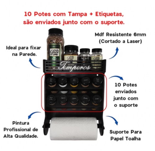 Porta Tempero de Parede 10 Potes com Local Para Colocar Potes de Sal e Cartela de Etiquetas