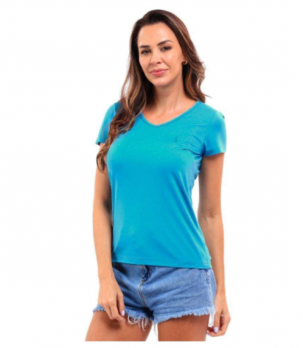 John Pull – Camiseta Feminina Básica Gola V Viscose Dry Manga Curta Azul Mediterrâneo