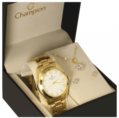 Kit Relógio Feminino Champion Dourado – CN29865W