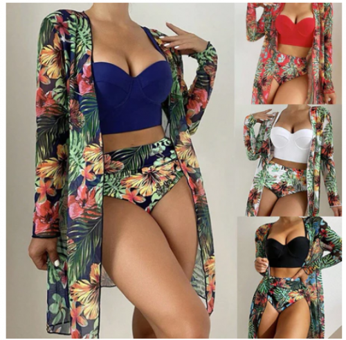 Conjunto Biquíni Feminino 3 Peças Quimono Com Estampa Planta