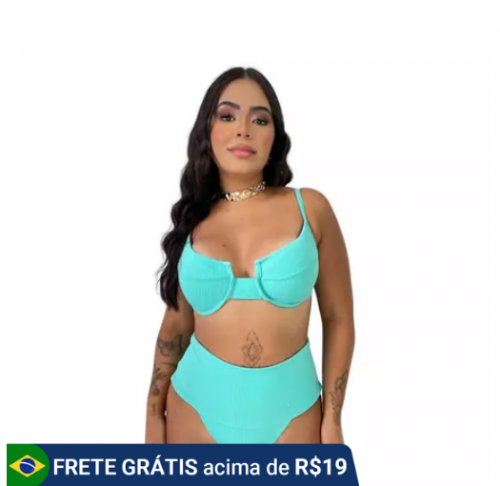 Biquini Retrô Canelado Água Calcinha Cintura Alta