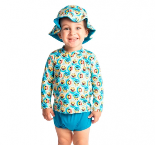 Kit 3 Peças Moda Praia Blusa com Proteção Solar UV50 + Sunga + Chapéu Bebê e Infantil Meninos