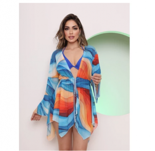 Saida de Praia Curta Estampada Tule Arrastão Babados Kimono Cardigã Vestido Floral Chic Luxo Verão