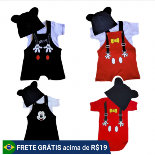 Jardineira Bebê Temático Mesversário Mickey Kit 3 Peças 100% Algodão
