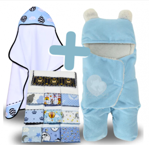 Kit Toalha de Banho Bebe + Saco de Dormir com Orelhas + 6 Toalhas de Ombro Felpuda Atoalhada