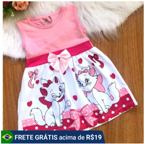 Vestido para bebê temático Gata Marie rosa pink e vermelho