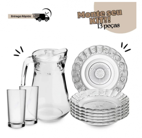 Jogo De Pratos Fundos E Copos C/13 Peças Aparelho de Jantar Em Vidro Com Jarra