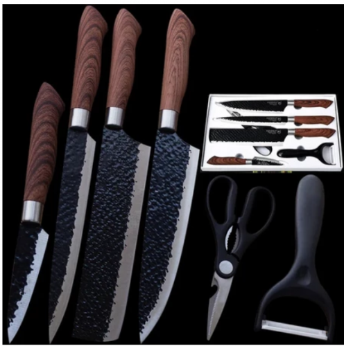 Conjunto de Facas 6 Peças Cabo Madeira Premium Cozinha Com Descascador e Tesoura