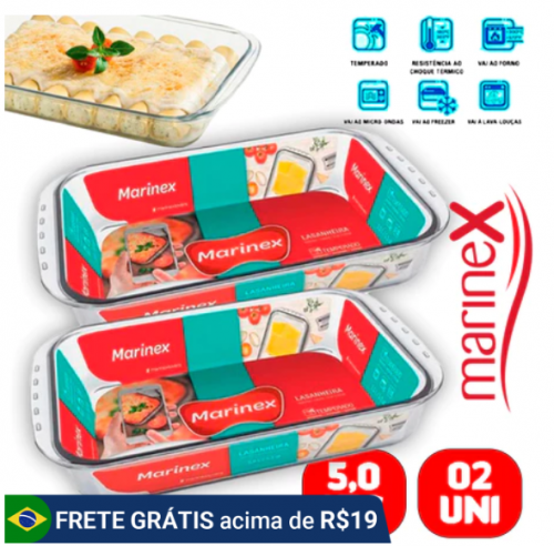 Assadeiras Forma Retangular Funda Jogo 2 grande de 5l vidro temperado Lasanheira Marinex