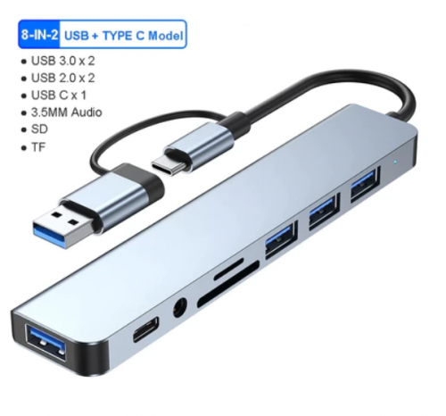 Usb usb /type-c Estação de ancoragem 8 em 1 Cartão SD TF Leitor de hub Computador 2 em 1 Conversor