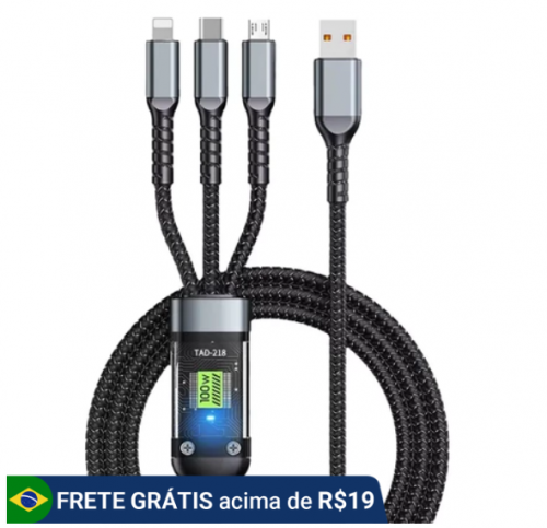 Cabo Carregador Turbo 3 em 1 Carregamento Rápido 100W Original Inova