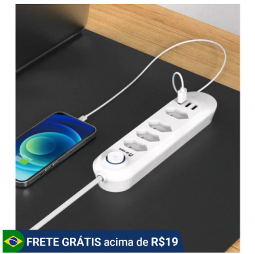 Extensão Elétrica 1,8 Metros Com Tomadas+Entradas USB com Botão Liga Desliga