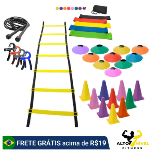 Kit Treino Escada 7 Degruas 10 Cones 10 Chapéus 5 Faixas Mini Bands 1 Hand Grip 1 Corda de Pular Pvc