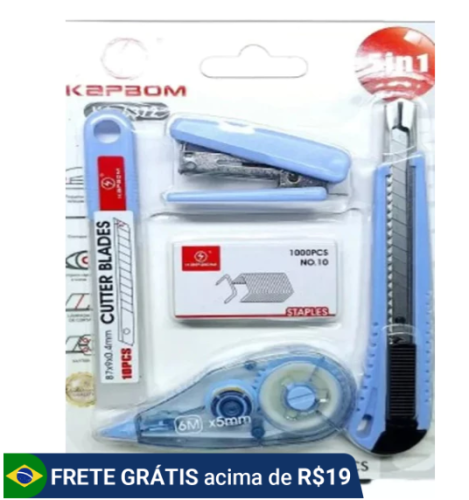 O kit de papelaria inclui cortador, grampeador e fita corretiva para escritórios escolares