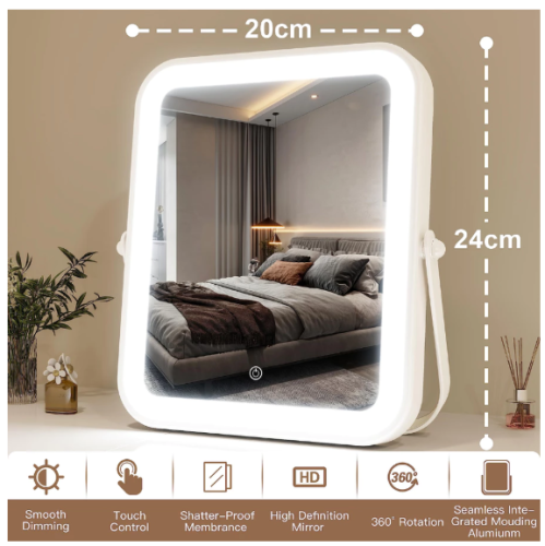 SOLPERK Espelho De Maquiagem Inteligente Quadrado Com Led de Brilho Ajustável Portátil e Dobrável