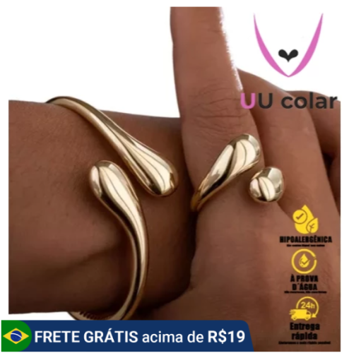 Conjunto Pulseira Anel Brincos de Metal Exagerada em Ouro com Design de Gota de Água – Acessório