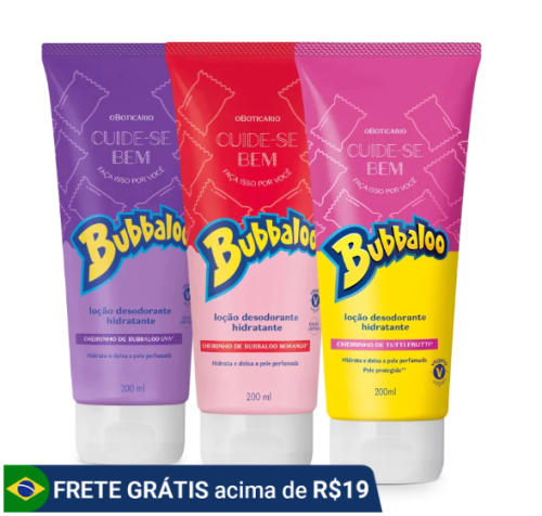 Hidratante Corporal Cuide-se Bem Bubbaloo 200ml cada: Morango, Uva e Tutti Frutti
