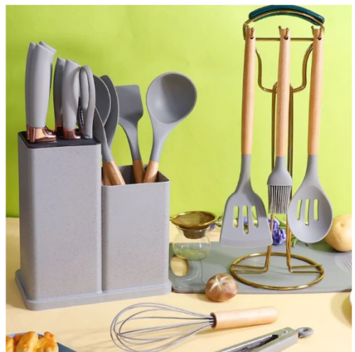 Kit Conjunto 19 Pçs De Utensílios Facas Silicone Cozinha Jogo Completo Batedeira Colher Pegador