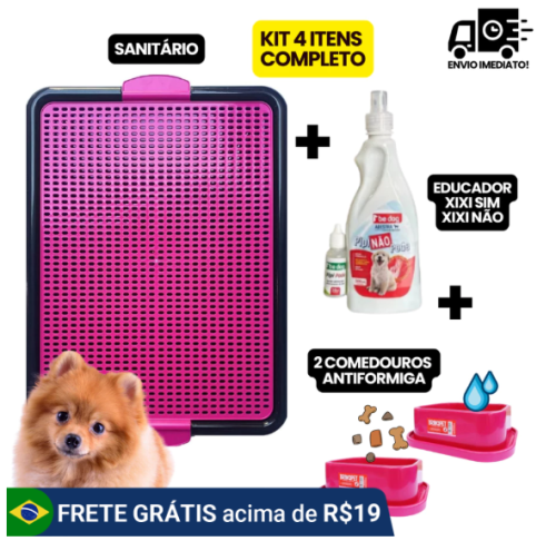Kit Sanitário Canino + Educador Pet Xixi Sim Pode Xixi Não Pode + 2 Comedouros Tapete Higiênico para Cães