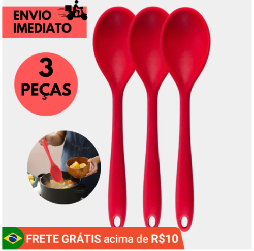 3 Colheres de Silicone Vermelha Grande 26cm Ideal para Cozinha Residencial e Industrial Segurança e Praticidade