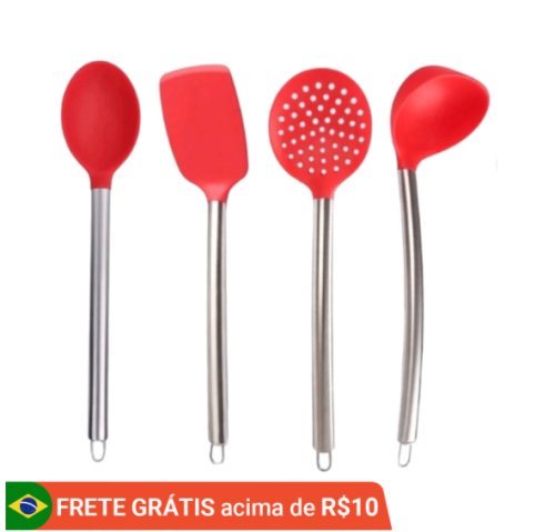 Kit 4 Utensílios de Silicone Cabo Inox para Cozinha Conjunto 4 Peças – Espátula Concha Escumadeira e Colher de Arroz