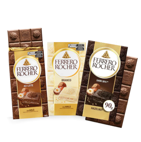Kit 3 Barras De Chocolate Ferrero Rocher 90g Ao Leite Branco Dark Com Avelã Recheado Saboroso Crocante Aveludado Receita
