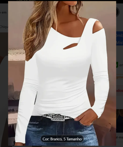 Camiseta Feminina Chique de Ombro de Fora com Corte Assimétrico e Manga Longa – Preto Sólido, Mistura de Poliéster, Lavável à Máquina