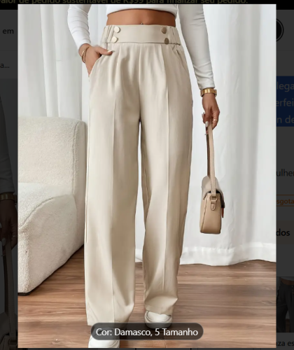 Calças largas de cintura alta e elegantes para mulheres, com fecho de botão – Poliéster confortável, perfeito para uso casual ou de escritório, calças de corte relaxado | Design de cintura alta | Calças de textura suave