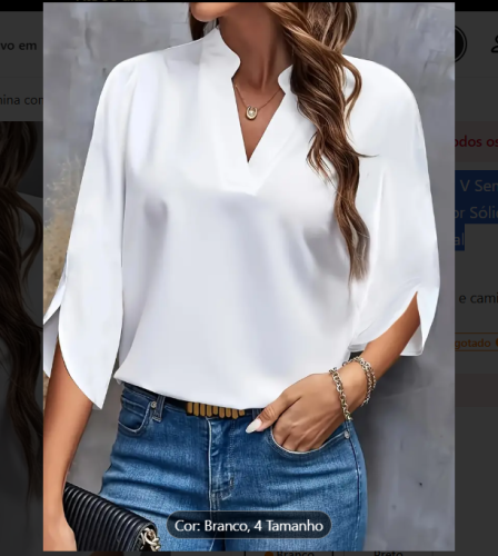 Blusa Feminina com Decote em V Semitransparente – Leve 100% Poliéster, Lavável à Máquina, Cor Sólida, Top Versátil para Todas as Estações e Uso Casual ou Formal