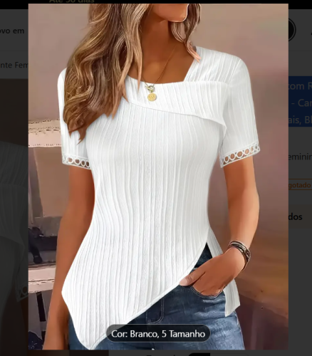 Blusa Elegante Feminina Preta com Renda, Manga Curta, Decote Quadrado e Bainha Assimétrica – Camisa de Poliéster Chic de Verão para Ocasiões Casuais ou Formais, Blusas Femininas