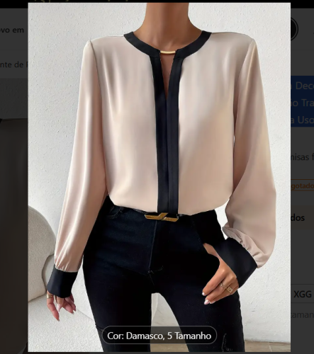 Blusa Elegante de Poliéster com Decote em V e Acabamento Contrastante, Manga Longa, Não Transparente – Design Bege e Preto, Lavável à Máquina, Perfeita para Uso Casual ou de Escritório