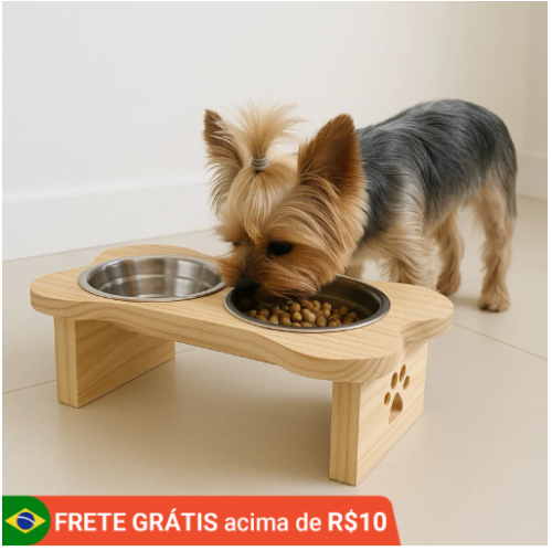 Comedouro Pet Bebedouro Cachorro Elevado Madeira Minimalista