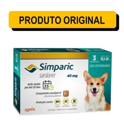 Simparic 10 a 20 Kg 40 Mg 3 Unidades Validade 30/10/2027 Original Antipulgas e Carrapatos