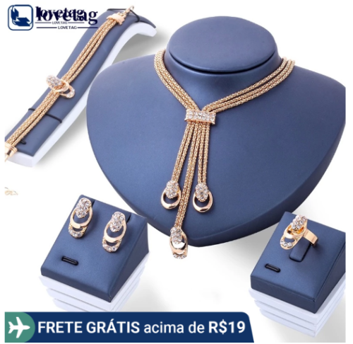 LT Mulher Colar De Cristal Folheado A Ouro 18K Pulseira Anel Brincos Tassel Conjunto De Jóias
