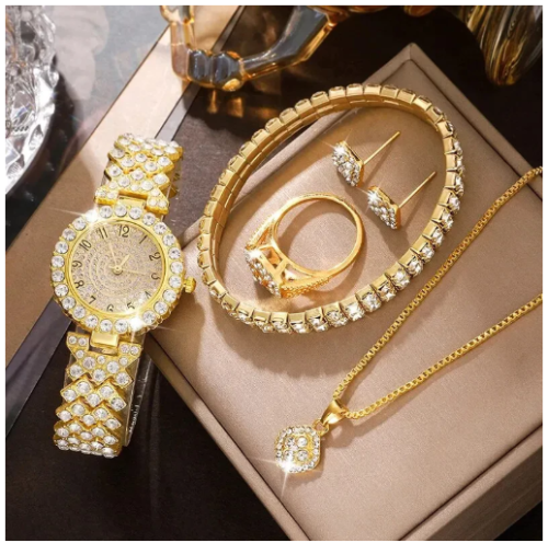 Kit cravejado feminino colar com pingente + relogio cravejado + pulseira strass + anel + brinco