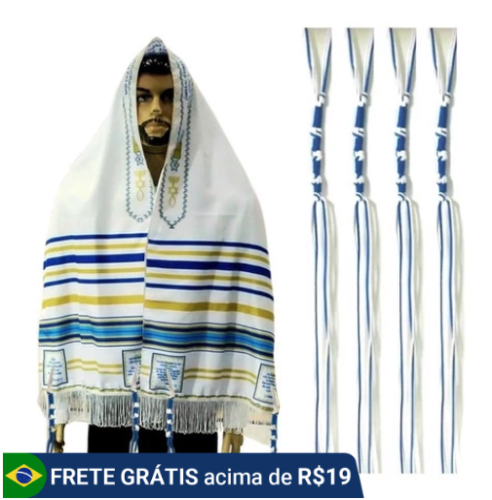 Talit Messiânico Nacional Azul Com Tzitzit Judaico