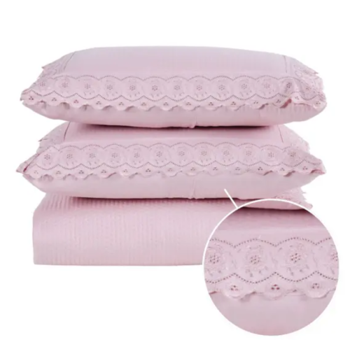 Kit Colcha Cobre Leito cama Casal 3 peças percal 300 Fios com Bordado ingles cinza rosa caqui – Marias Enxoval