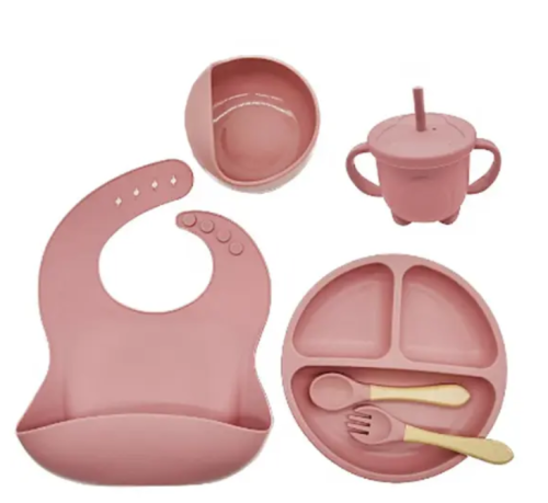 Kit Refeição Bebê Silicone Colher Pratinho Babador Infantil Ventosa 6 Peças – NFDJ