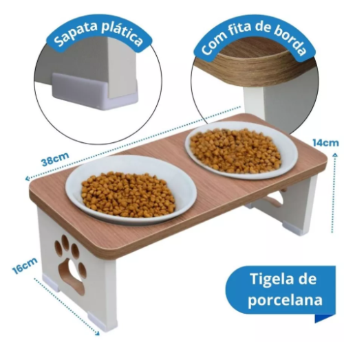 Comedouro Duplo Cachorro Ergonômico Elevado MDF Sustentável – Para Ração e Água